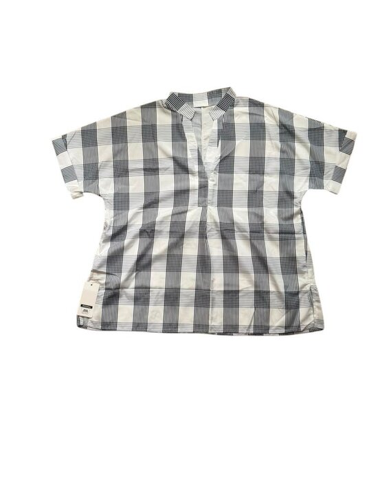 Alishebuy Tops - Alishebuy Women L Plaid Check Blouse Split V Neck Short Sleeve NWT.